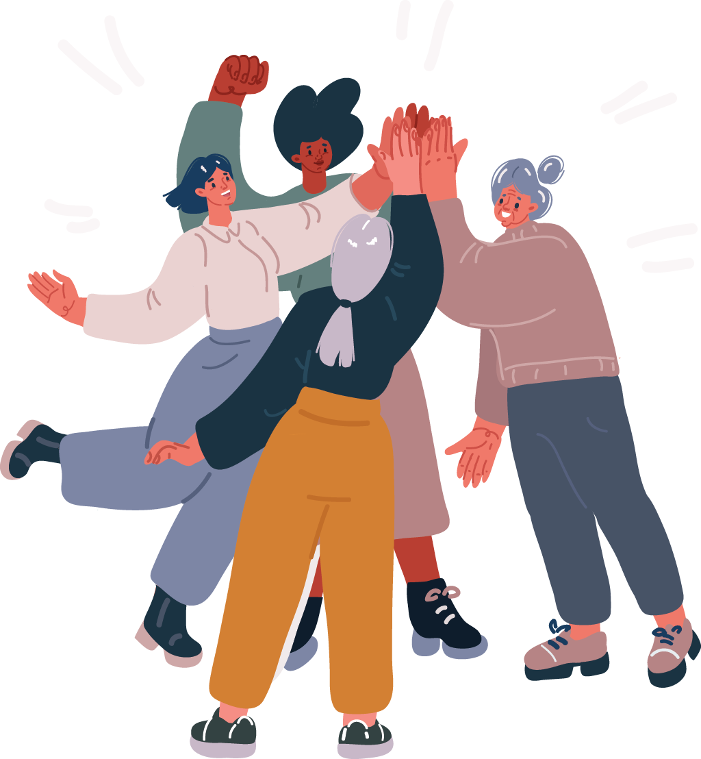 Supportive Team High-Five A diverse group of four people standing in a supportive circle, high-fiving each other and smiling, symbolizing teamwork and encouragement.